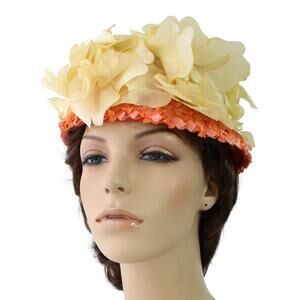 Vintage 1960s Yellow Floral Pillbox Hat Orange Raffia Brim Size 7
